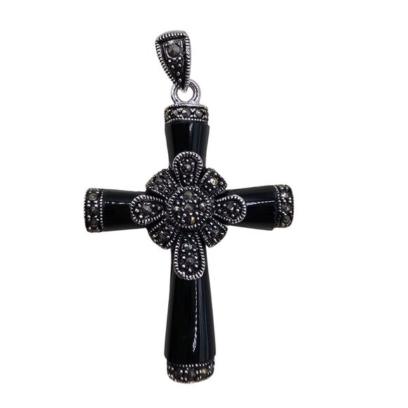 VTG Necklace Pendant Black Silver Onyx Marcasite Cross Religious Faith Gothic - Picture 3 of 14